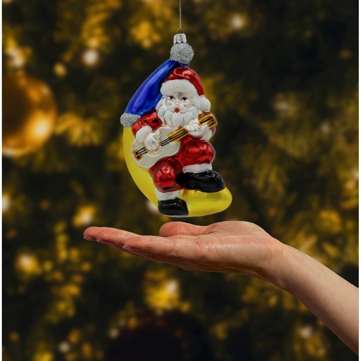 Bombka choinkowa: Święty Mikołaj na księżycu z gitarą