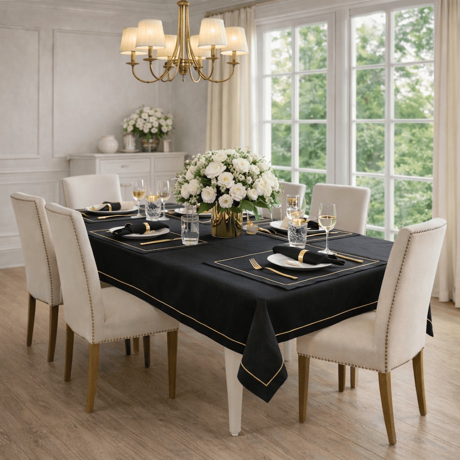 Lniany obrus Royal Black Goldenline – 140 × 250 cm