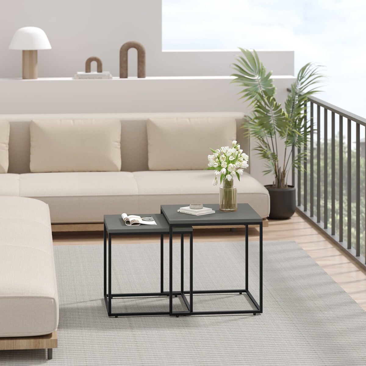 Stolik Kawowy Kwadrat 2Szt Beton, Czarny