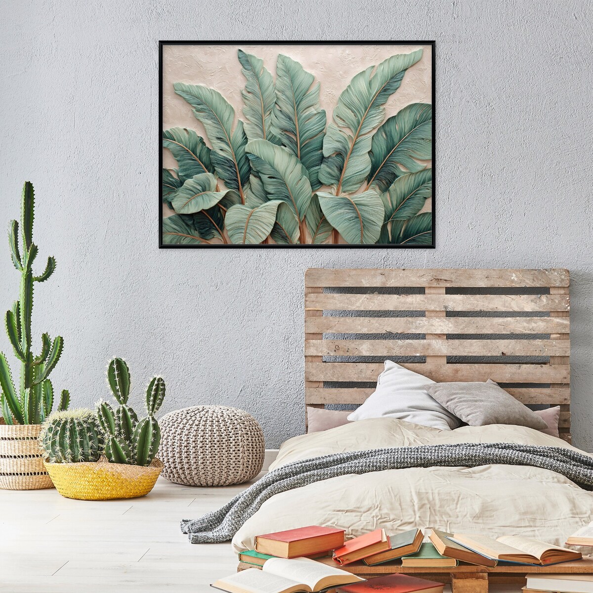 Obraz W Ramie Do Sypialni Salonu Na Płótnie Liście 3D Zielony 60x40