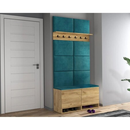 Szafka na buty z siedziskiem i wieszakiem DUBAI dąb craft/zielona