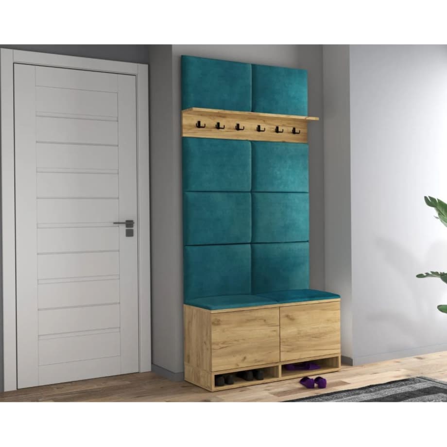 Szafka na buty z siedziskiem i wieszakiem DUBAI dąb craft/zielona