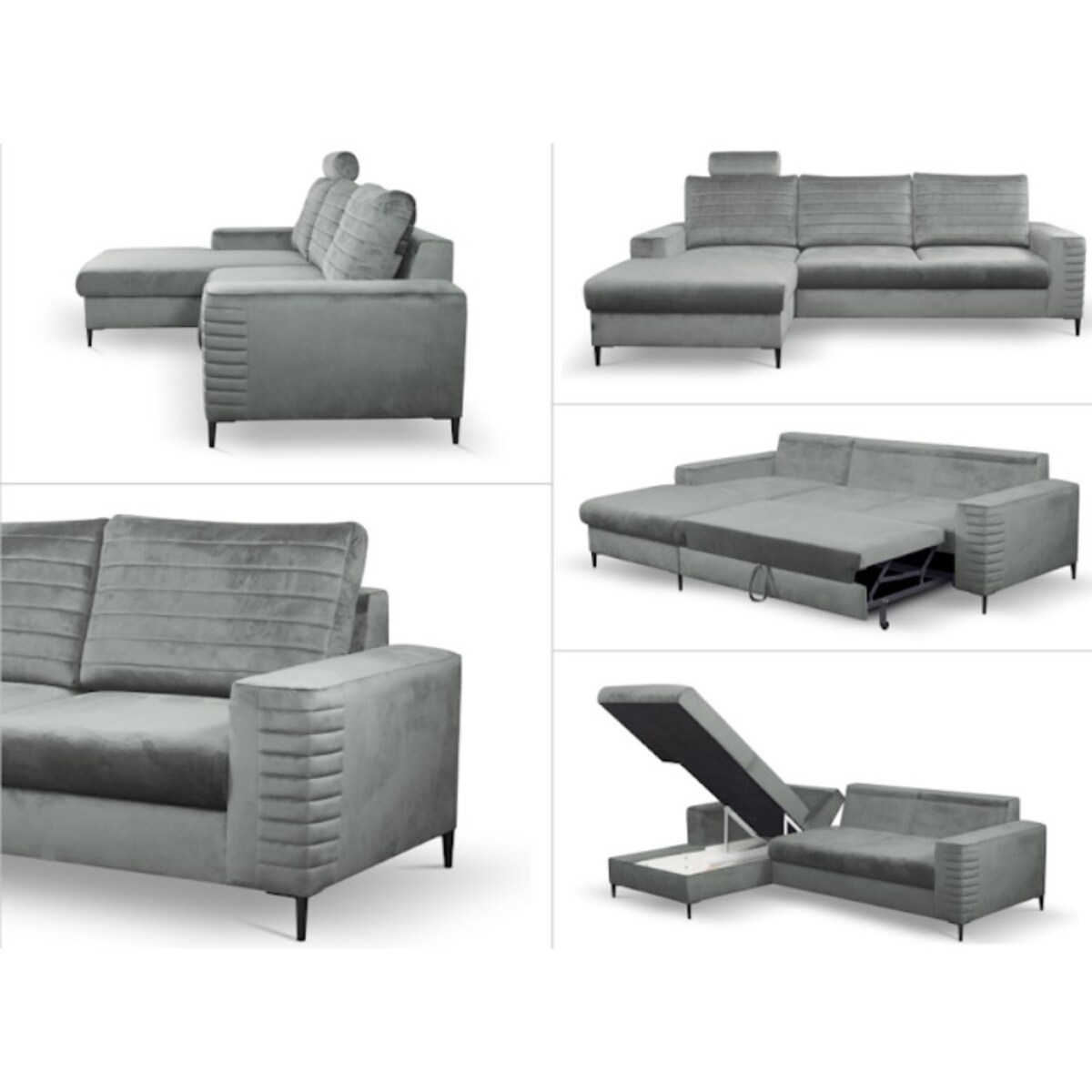 Narożnik rozkładany z zagłówkiem i pojemnikiem OLI, lewostronny, szary