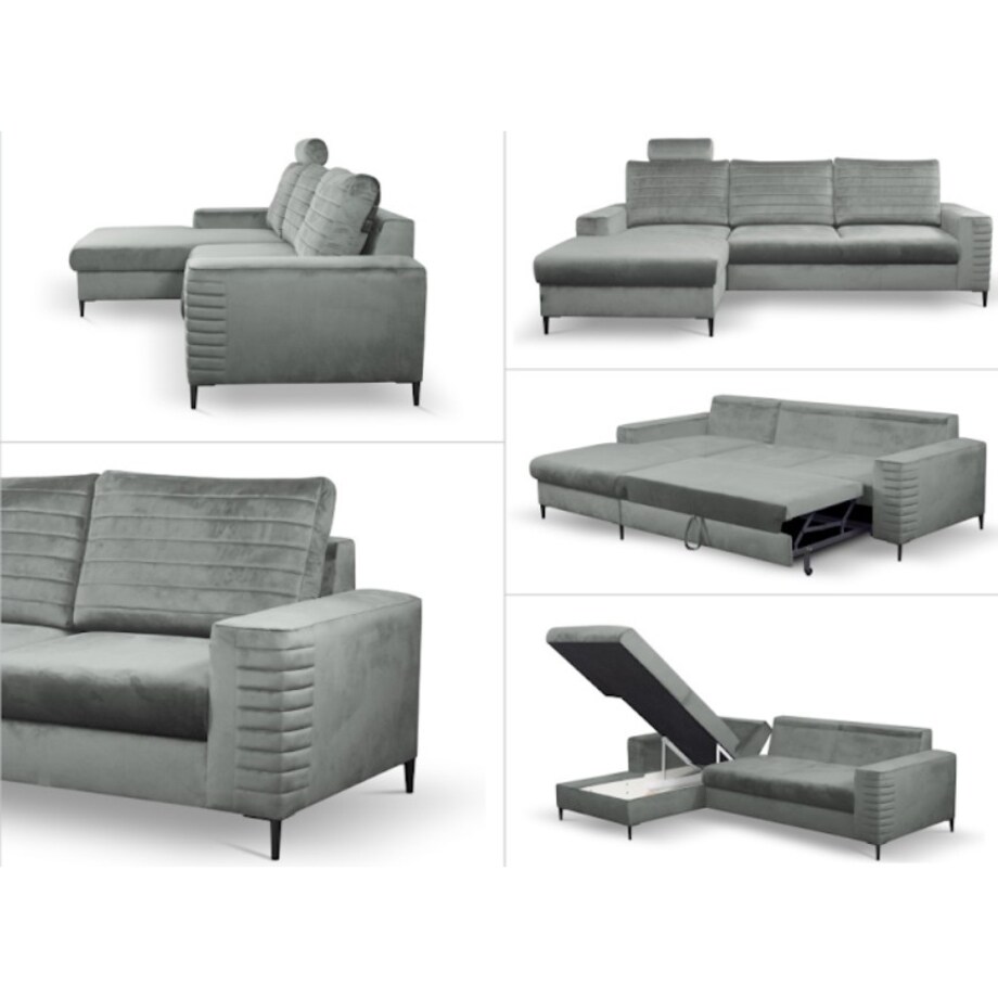 Narożnik rozkładany z zagłówkiem i pojemnikiem OLI, lewostronny, szary