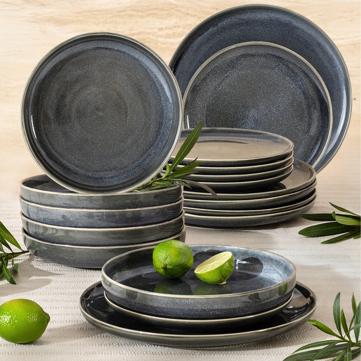 EDA Zestaw obiadowy 6 os. (18 el.), niebieski/szary/beżowy