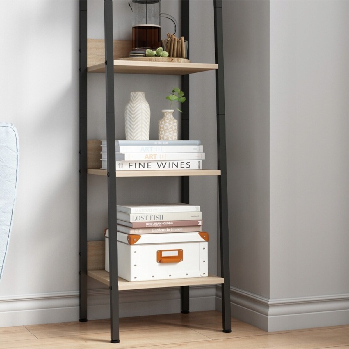 Industrialny wysoki regał stojący jasny brąz 5 półek drabinka loft 170 cm