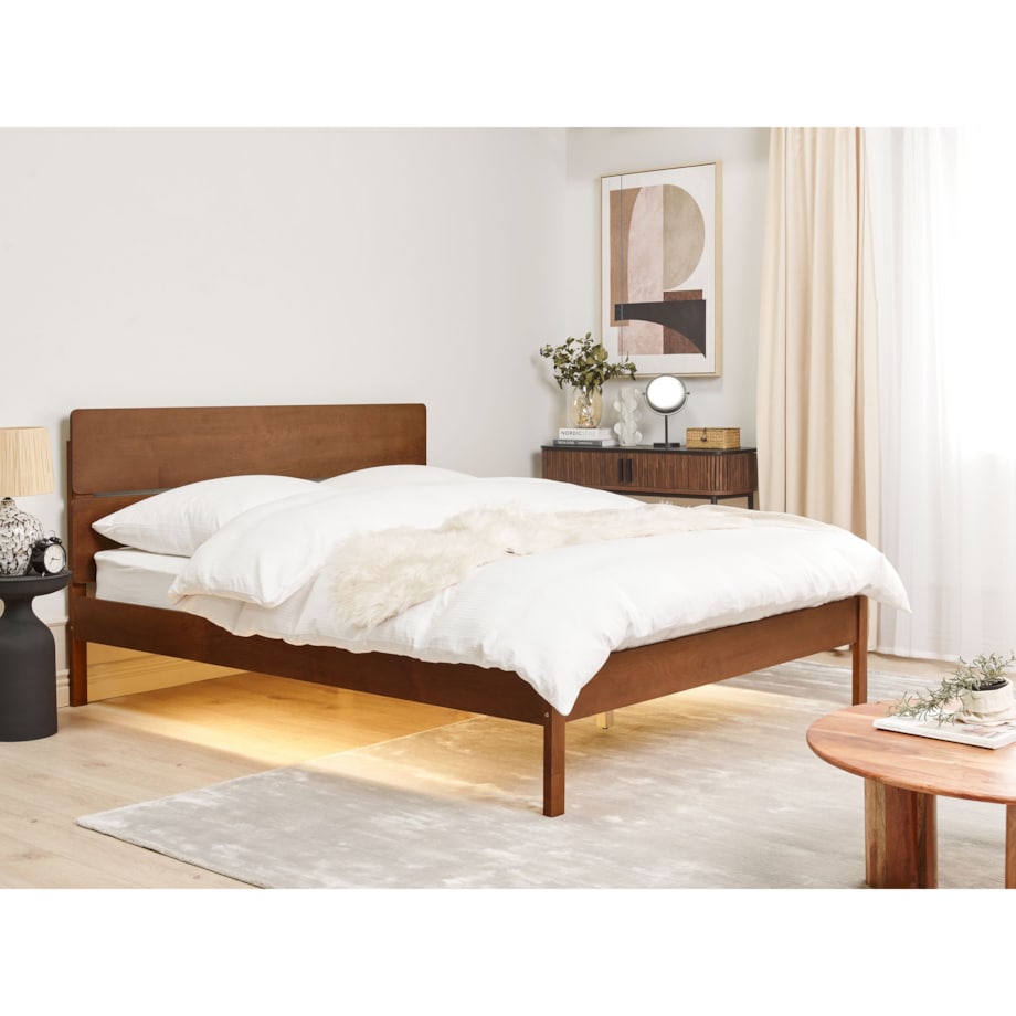Łóżko LED Drewno BOISSET 160 x 200 cm Ciemnobrązowy