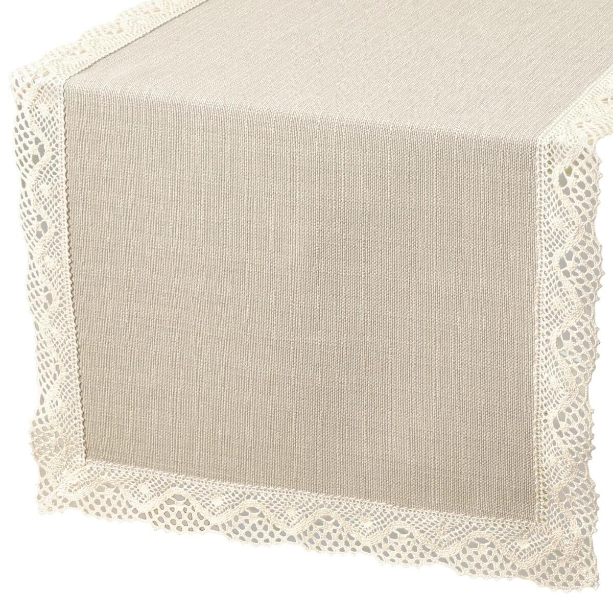 Bieżnik na stół plamoodporny P130 cappuccino z koronką K205 ecru - 40x220 cm - beżowy