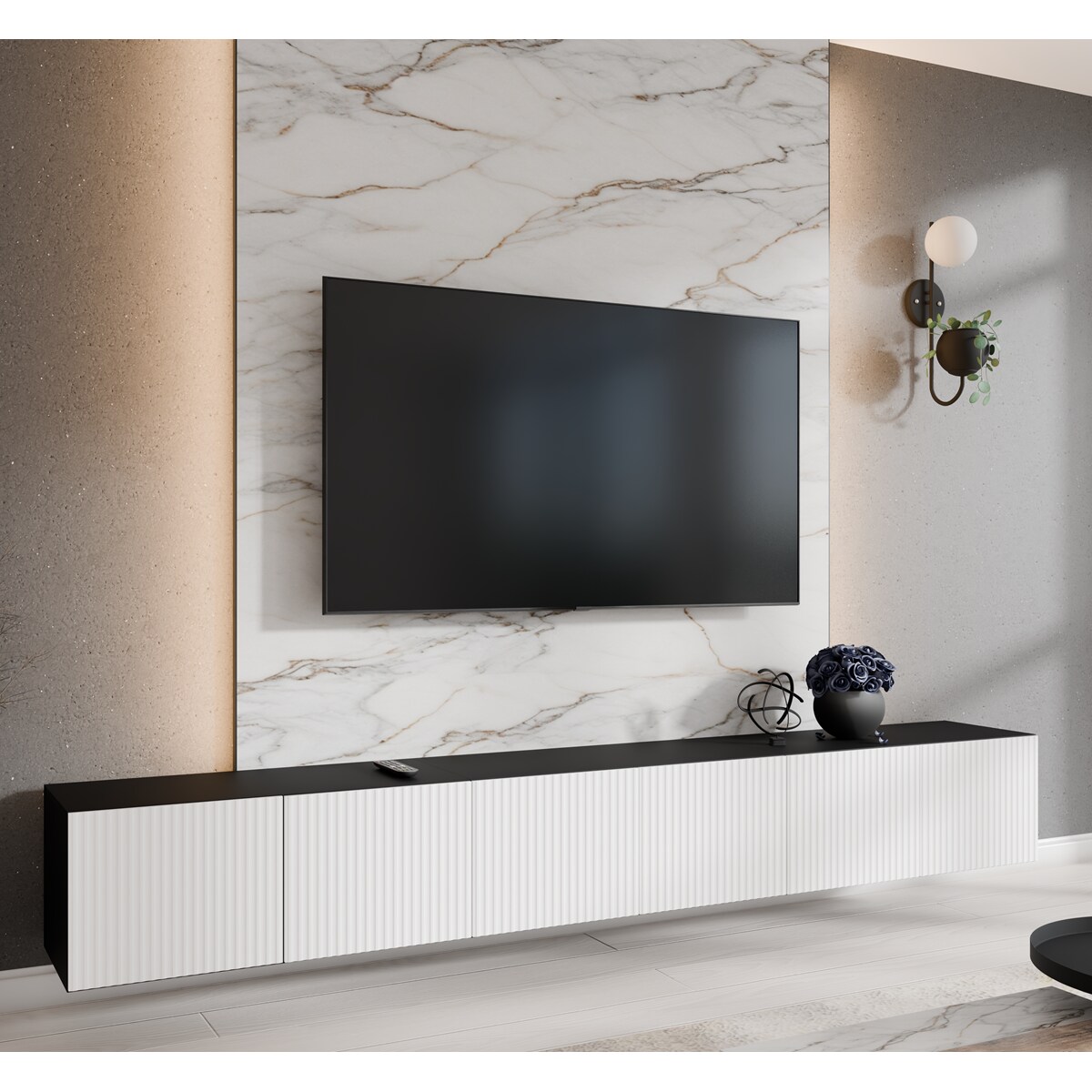 Szafka RTV NOELI 300 cm zamknięta do salonu, ryflowana- czarny+biały