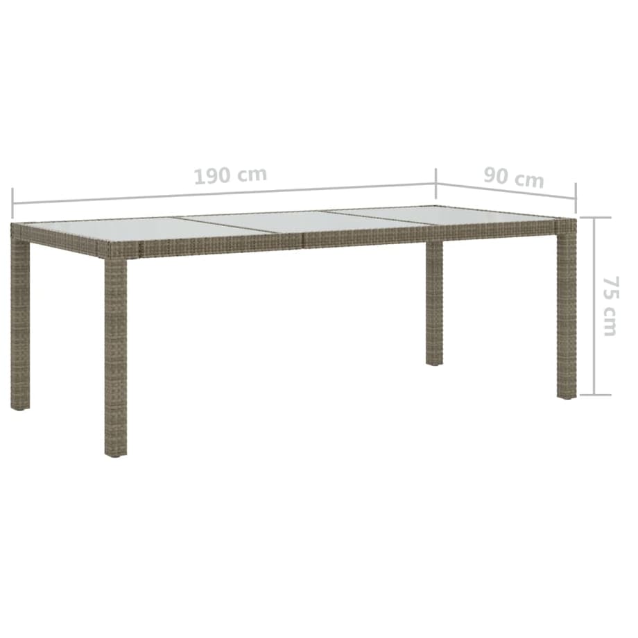 vidaXL Stół ogrodowy, szary, 190x90x75 cm, szkło hartowane i rattan PE