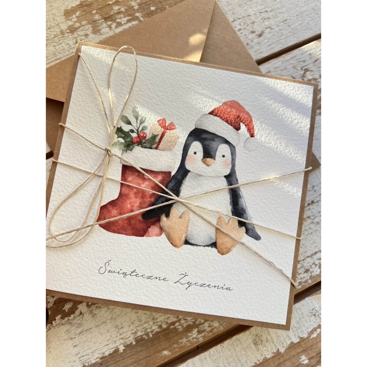 Kartka świąteczna ręcznie robiona na Boże Narodzenie z pingwinkiem 1