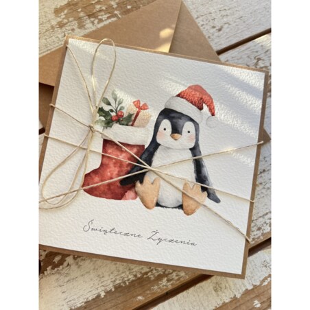 Kartka świąteczna ręcznie robiona na Boże Narodzenie z pingwinkiem 1