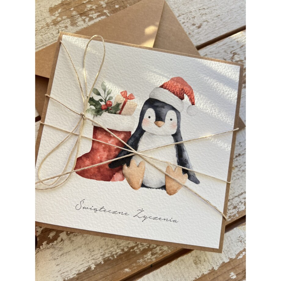 Kartka świąteczna ręcznie robiona na Boże Narodzenie z pingwinkiem 1