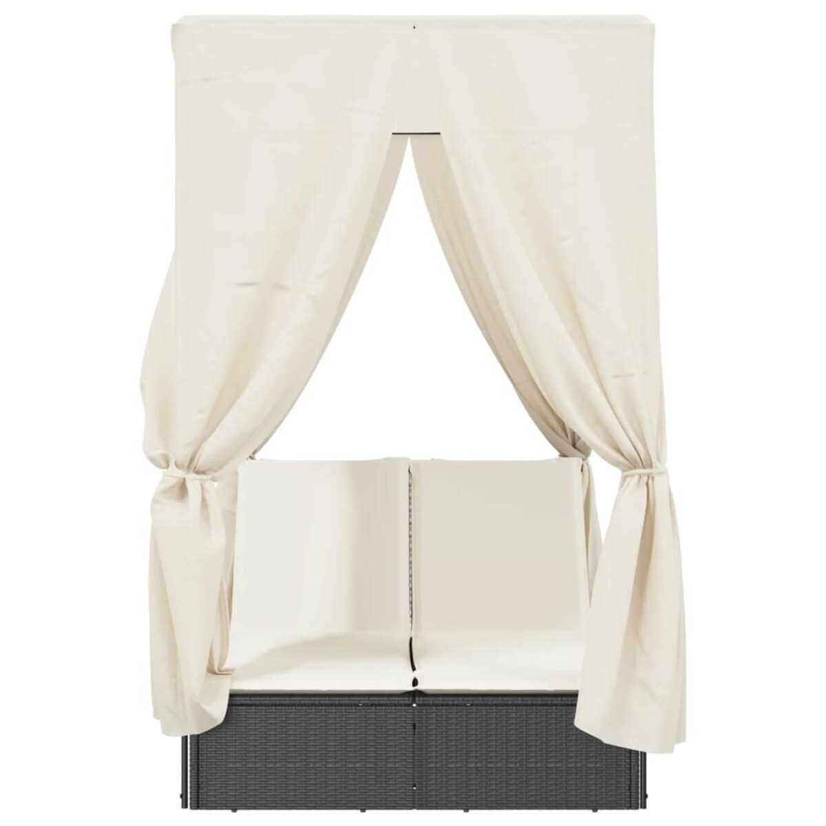 vidaXL Podwójna leżanka z daszkiem i zasłonami, czarny polirattan