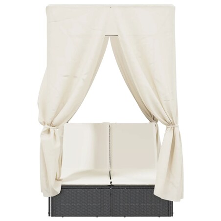 vidaXL Podwójna leżanka z daszkiem i zasłonami, czarny polirattan