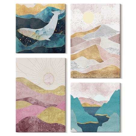 Zestaw 4 obrazów na płótnie - Abstrakcyjne góry słońce - turkusowy