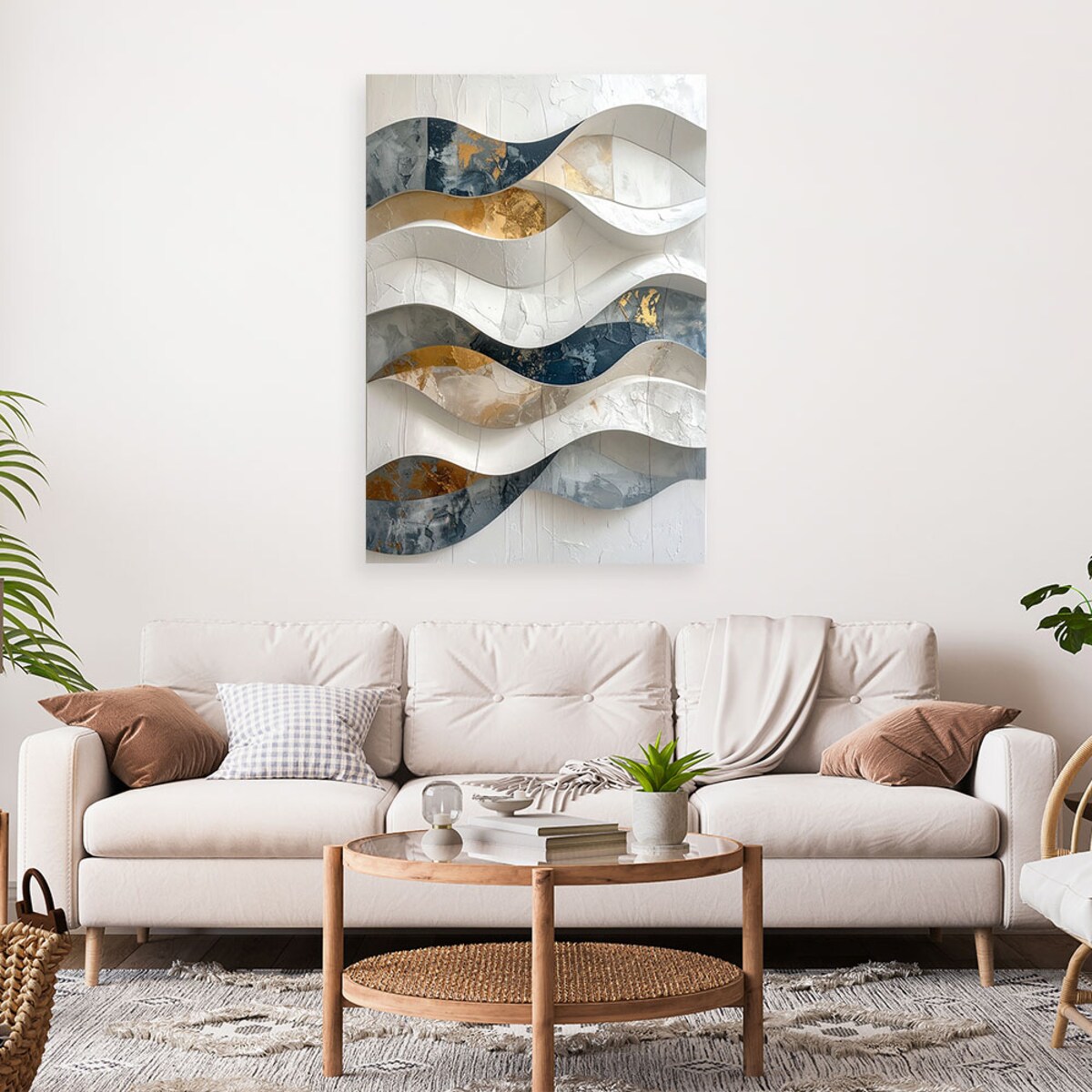 Obraz do salonu biura sypialni hotelu, Abstrakcja geometryczna fale w bieli beżu i złocie 70x100 cm