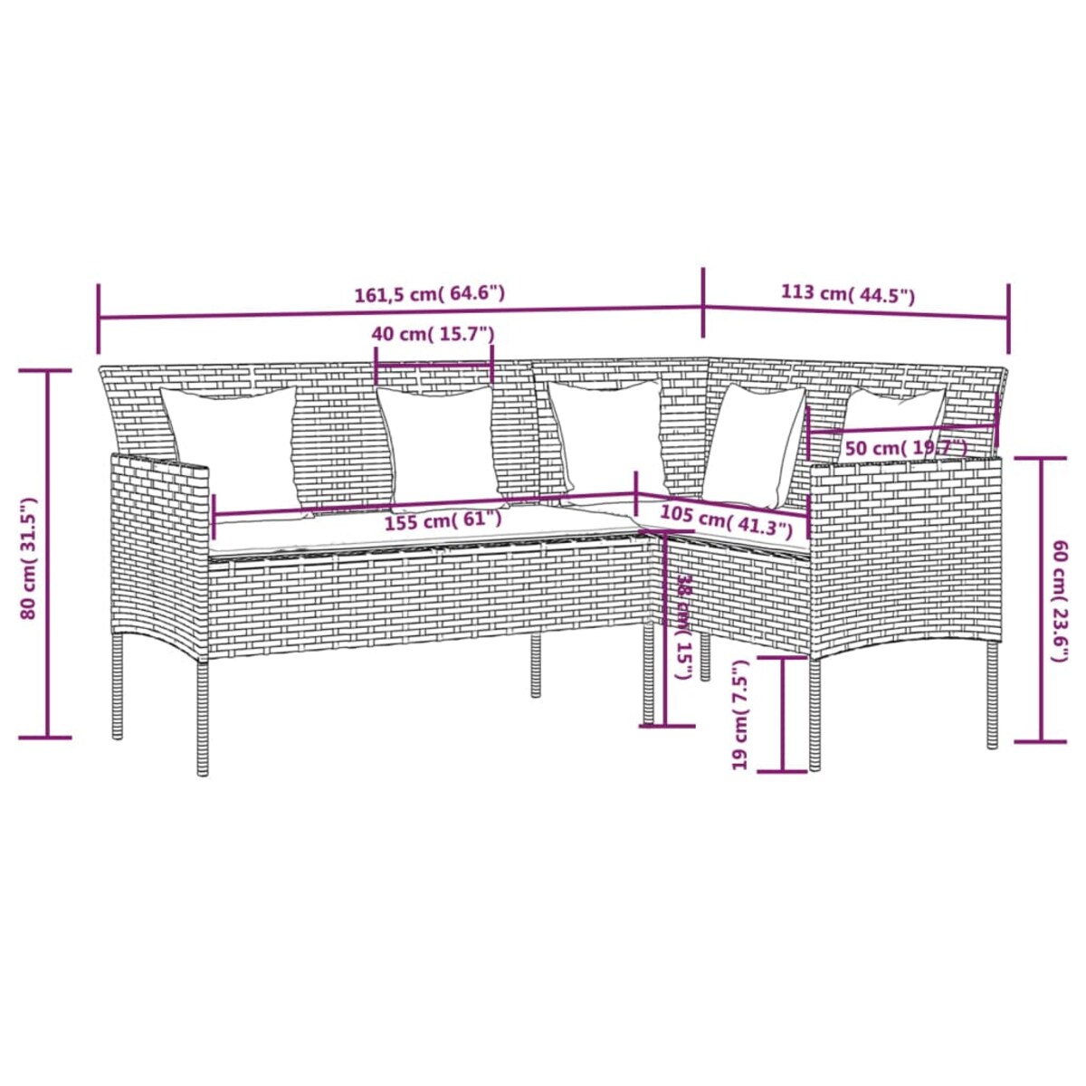 vidaXL Sofa w kształcie litery L z poduszkami, rattan PE, szara