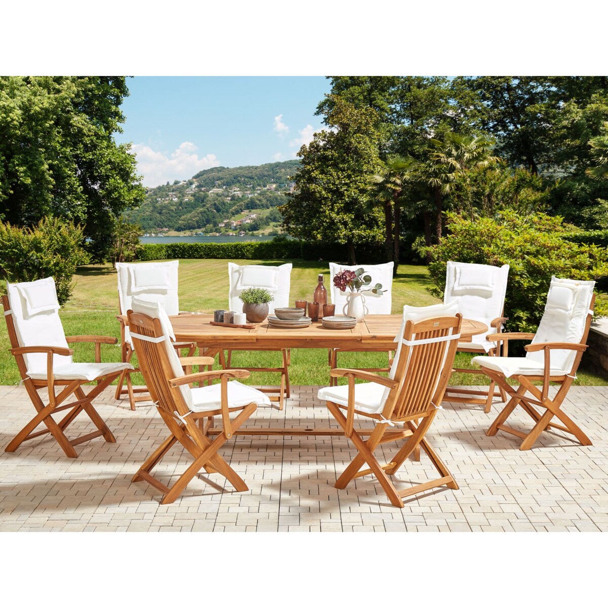 Zestaw ogrodowy drewniany stół i 8 krzeseł z poduszkami złamana biel MAUI II