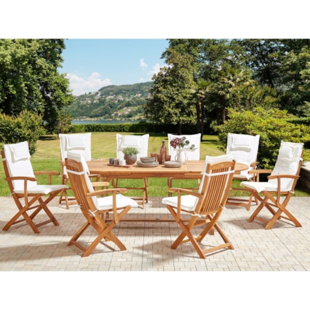 Zestaw ogrodowy drewniany stół i 8 krzeseł z poduszkami złamana biel MAUI II