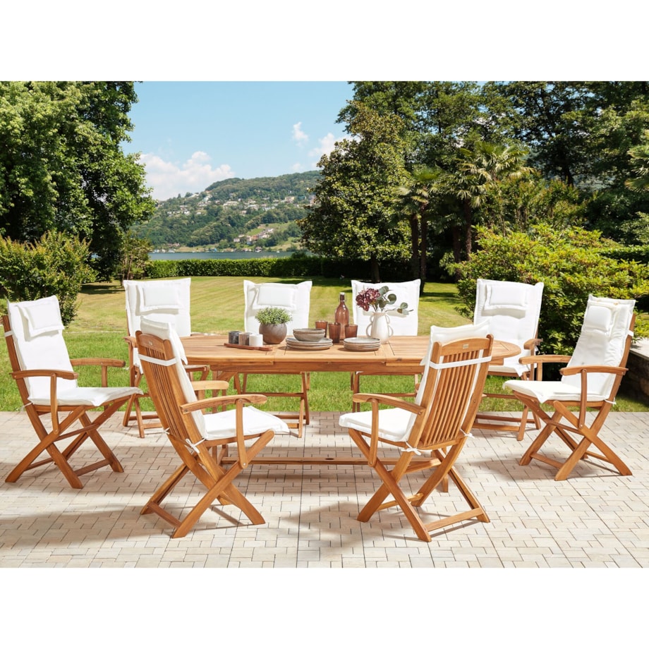 Zestaw ogrodowy drewniany stół i 8 krzeseł z poduszkami złamana biel MAUI II