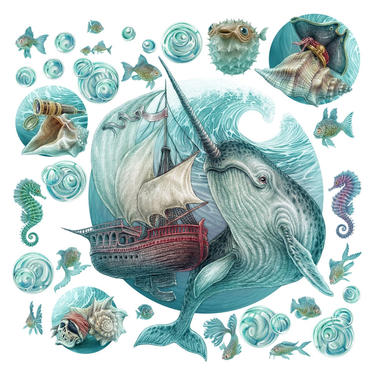 Zestaw naklejek na ścianę, Morska wyprawa, 60cm