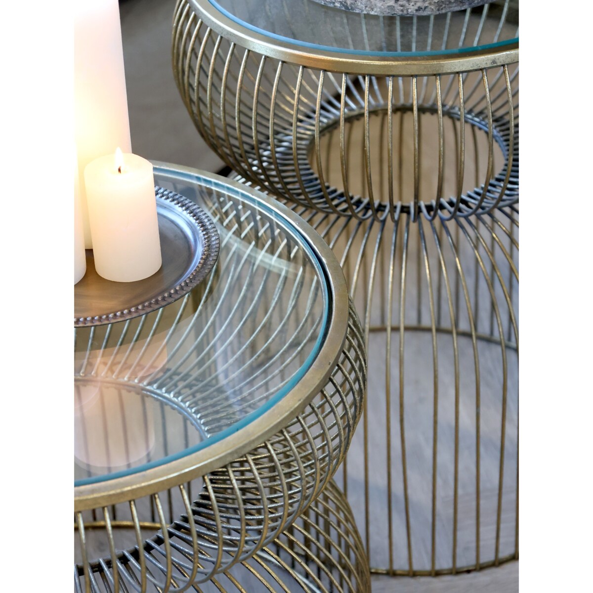 Stolik metalowy antyczny mosiądz ze szklanym blatem