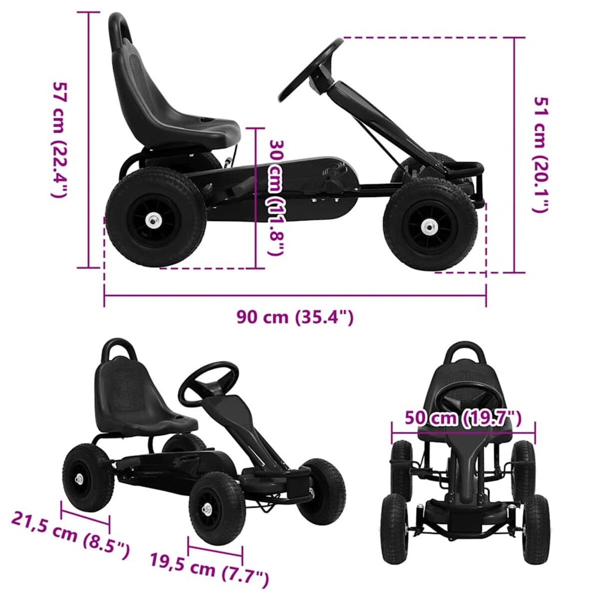 vidaXL Gokart na pedały z oponami pneumatycznymi, czarny
