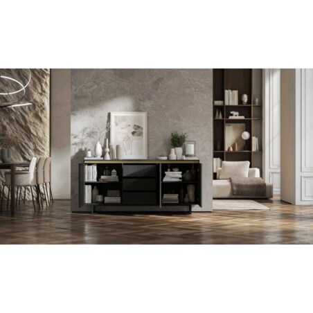 Komoda Glamour Szafka RTV Czarny MAT ryflowane fronty czarny stelaż 166,8 cm