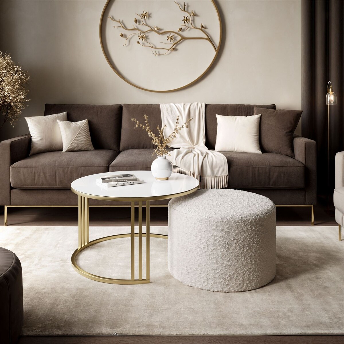 Stolik kawowy z pufą LORI GLASS złoto szczotkowane, białe szkło / Coral 65