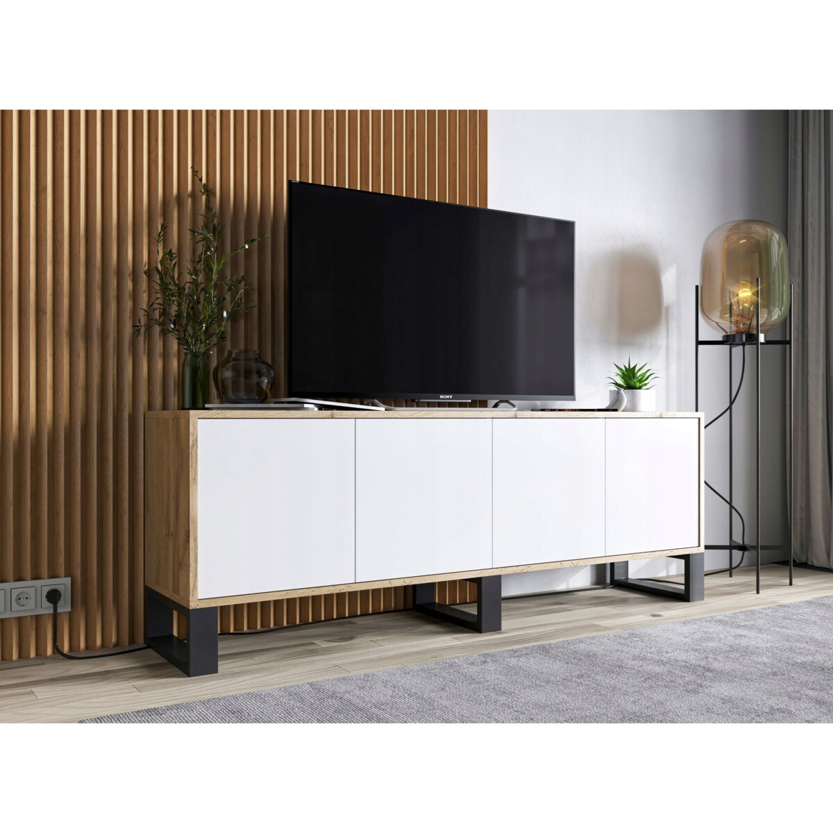 Szafka RTV Loft Komoda Industrialna Dąb Wotan Biały MAT 150 cm