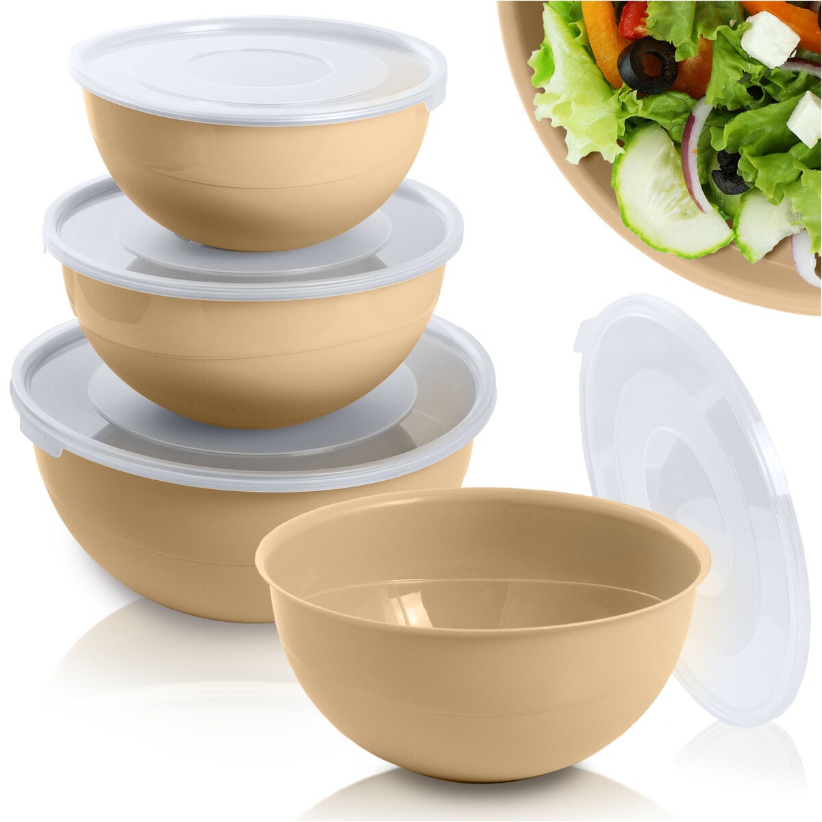 Miska Plastikowa Okrągła Kuchenna Z Pokrywką Zamykaniem Zestaw Misek 3 Szt. Misa Beżowa