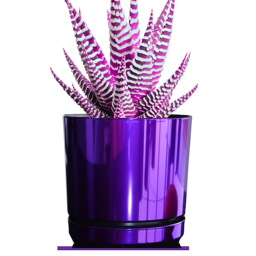 32 cm wzór FIOLETOWY BŁYSZCZĄCY Doniczka z podstawką glamour wysoki połysk metaliczny wrzosy lawenda krokusy storczyk orchidea