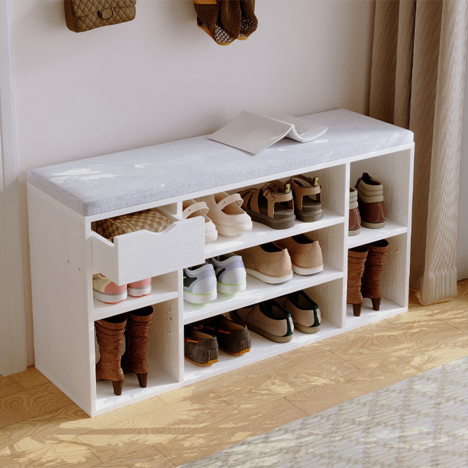 Szafka na buty z szarym siedziskiem biała przedpokój nowoczesna 100 cm