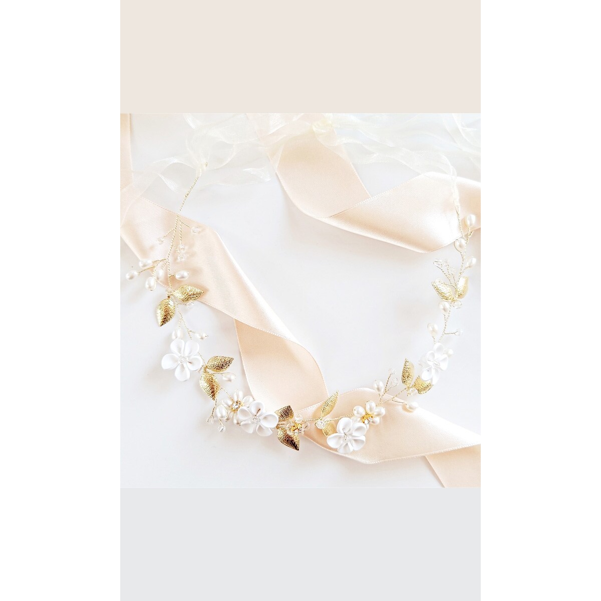 Wianek złoty z listkami na głowę PERŁY gałązka ozdobna fryzura rozpuszczona