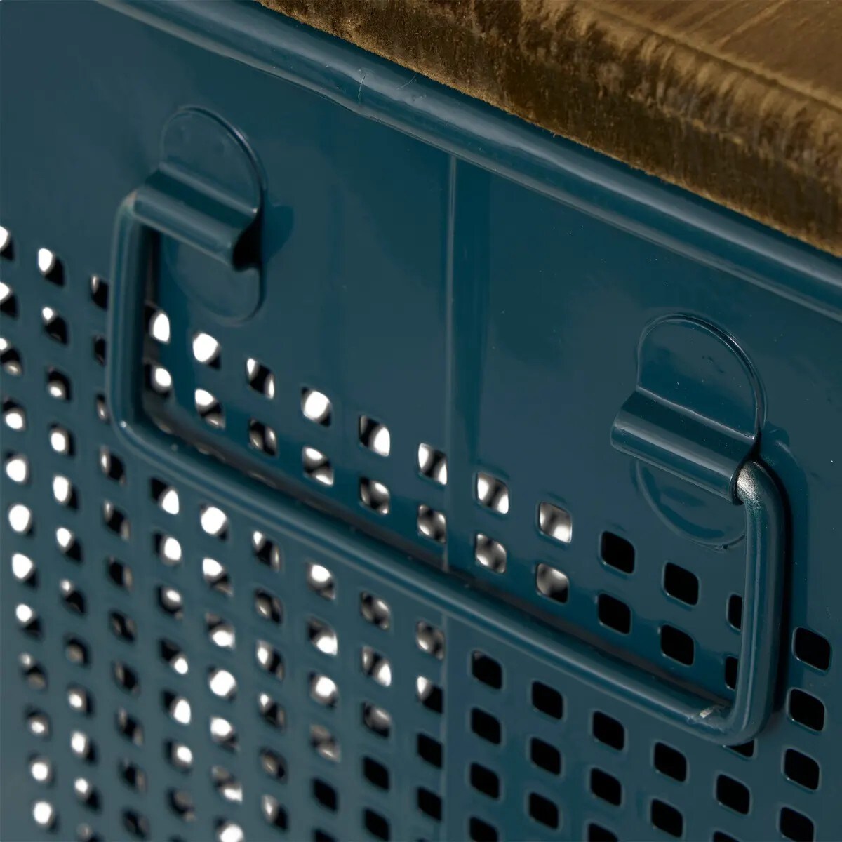 Komplet 3 metalowych skrzyń z drewnianym blatem Azae niebieskie