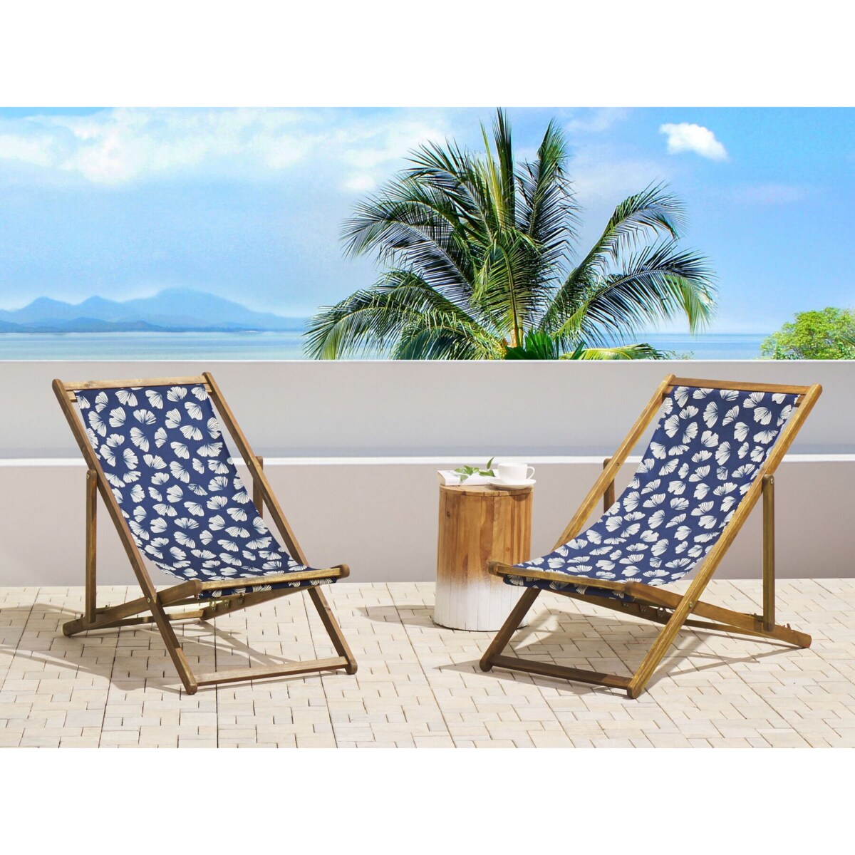 Zestaw 2 leżaków ogrodowych jasne drewno akacjowe wzór w kwiaty ciemnoniebieski ANZIO