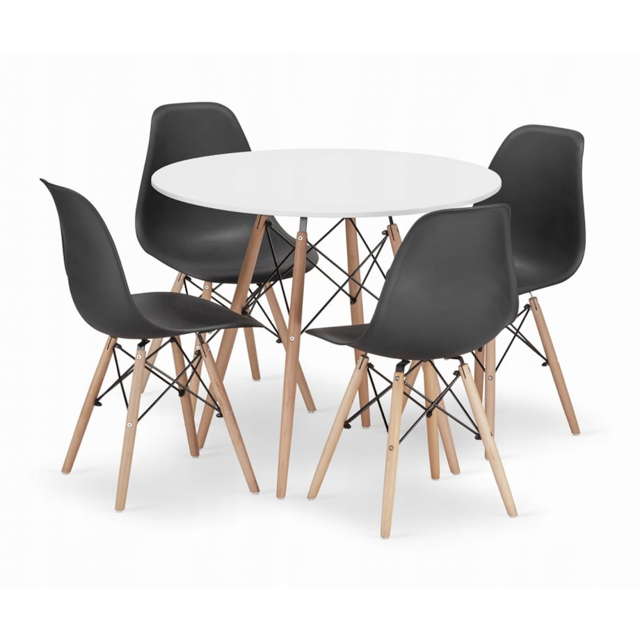 Zestaw Stół Do Jadalni Kuchni Salonu Biura Okrągły Todi 90 Biały + 4 Krzesła Osaka Czarne