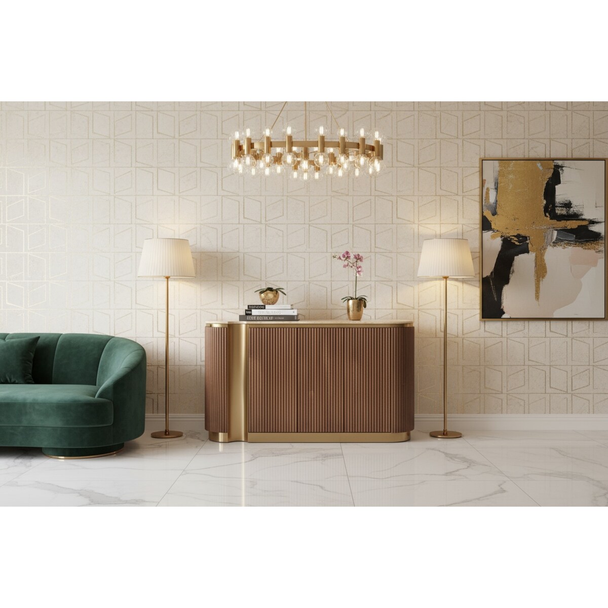 Ryflowana komoda drewniana brązowa złota Nutris Glamour Premium z blatem marmurowym 158x40x88