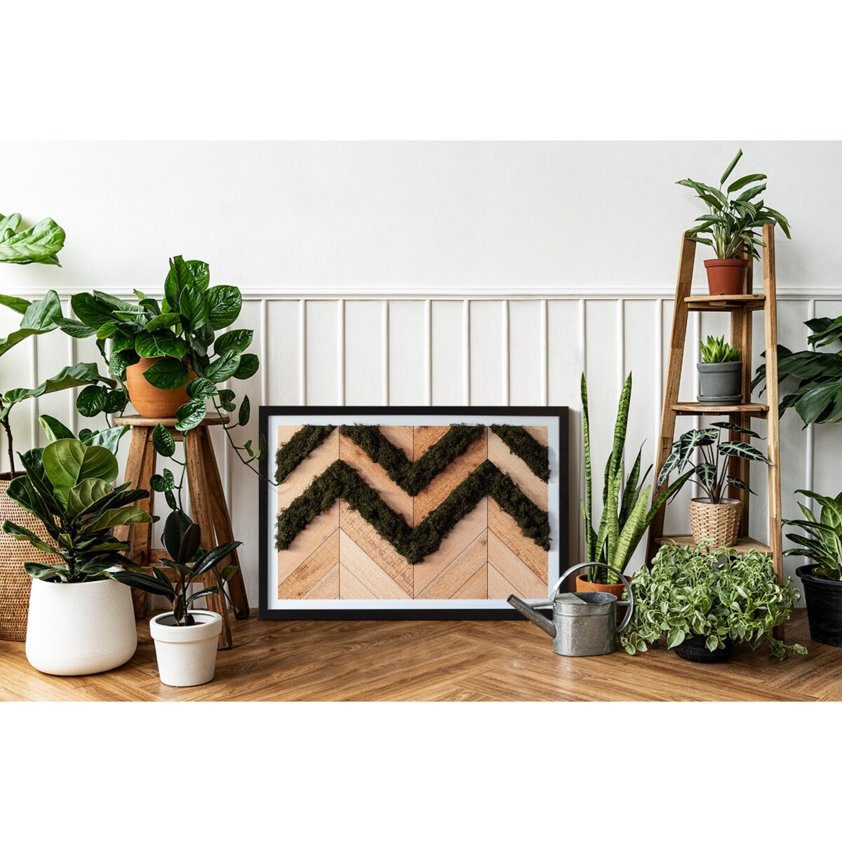 Obraz Deski w jodełkę - mech chrobotek w czarnej ramie 60x40cm