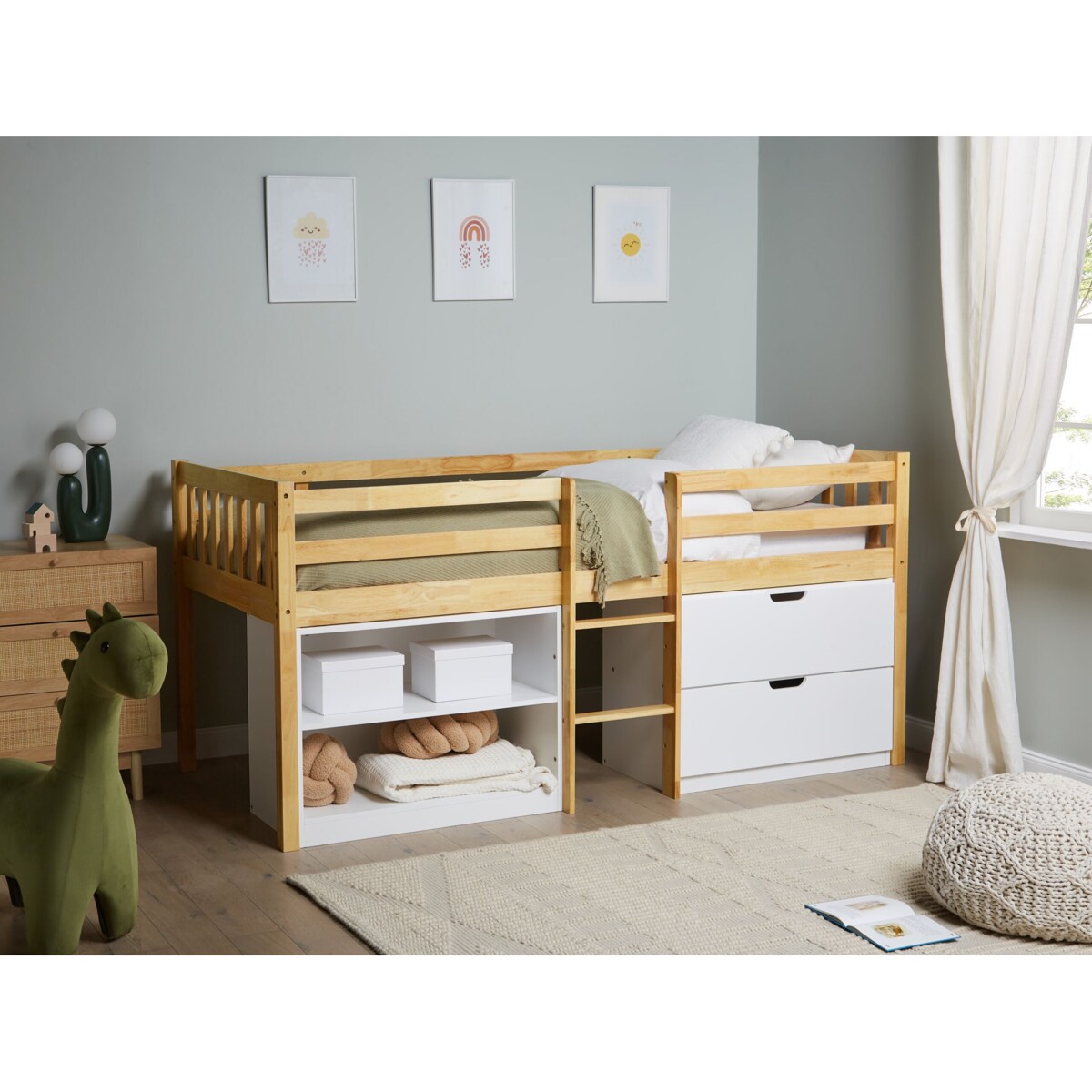 Łóżko dziecięce na podwyższeniu z szufladami drewniane 90 x 200 cm jasne drewno SUSVILLE