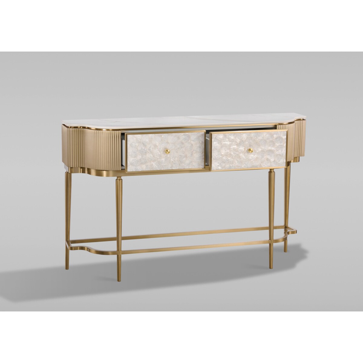 Złota konsola glamour Champion z prawdziwymi muszlami 140x35x86