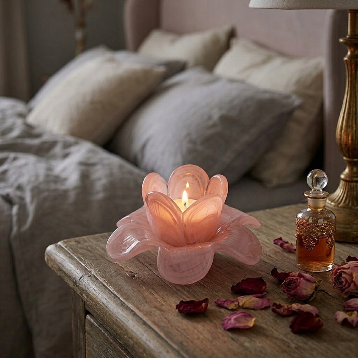 ŚWIECZNIK NA TEALIGHT SZKLANY KWIAT RÓŻOWY OZDOBA DEKORACJA DO DOMU SALONU