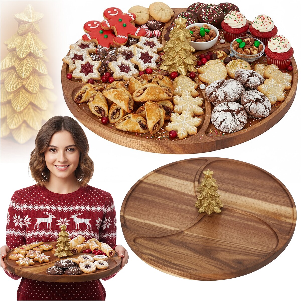 Deska Do Serwowania Świąteczna Boże Narodzenie Zdobiona Okrągła Akacjowa