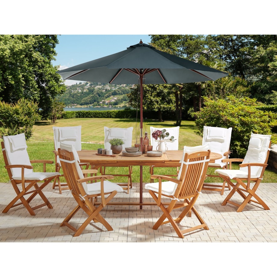 Zestaw ogrodowy drewniany stół z parasolem i 8 krzeseł z poduszkami złamana biel MAUI II