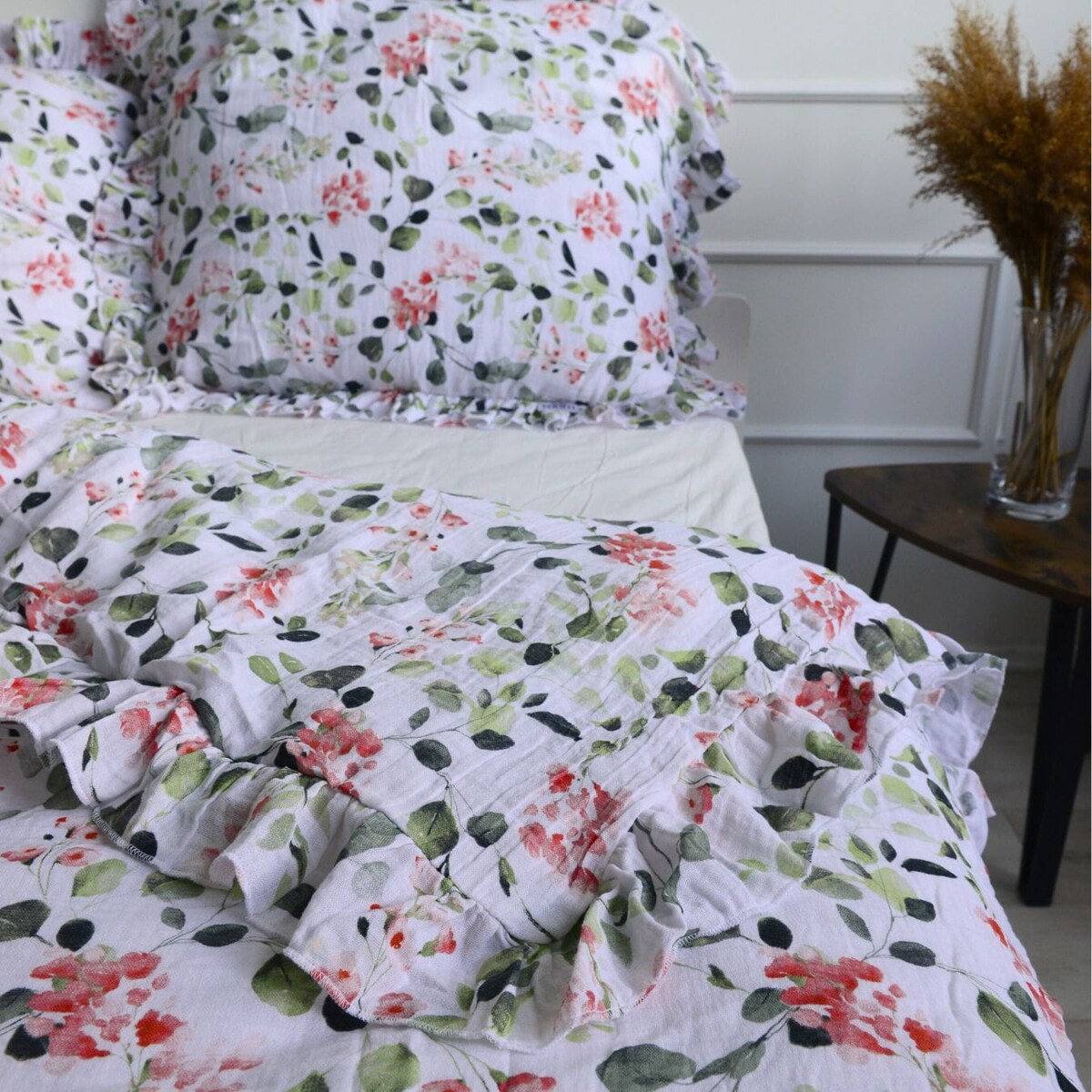 Pościel Muślinowa Z Falbanką Komplet Zestaw Do Sypialni Eukaliptusy 180X200 Cm + 2 Poduszki 70X80 Cm