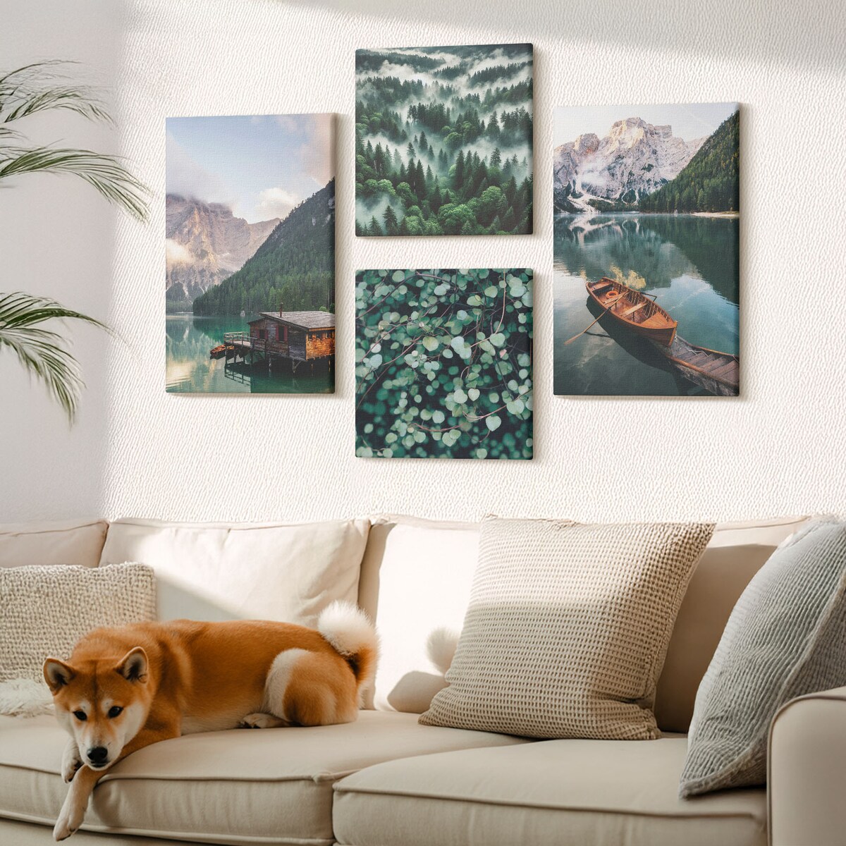 Zestaw 4 obrazów na płótnie - Górskie jezioro łódka mgła - zielony