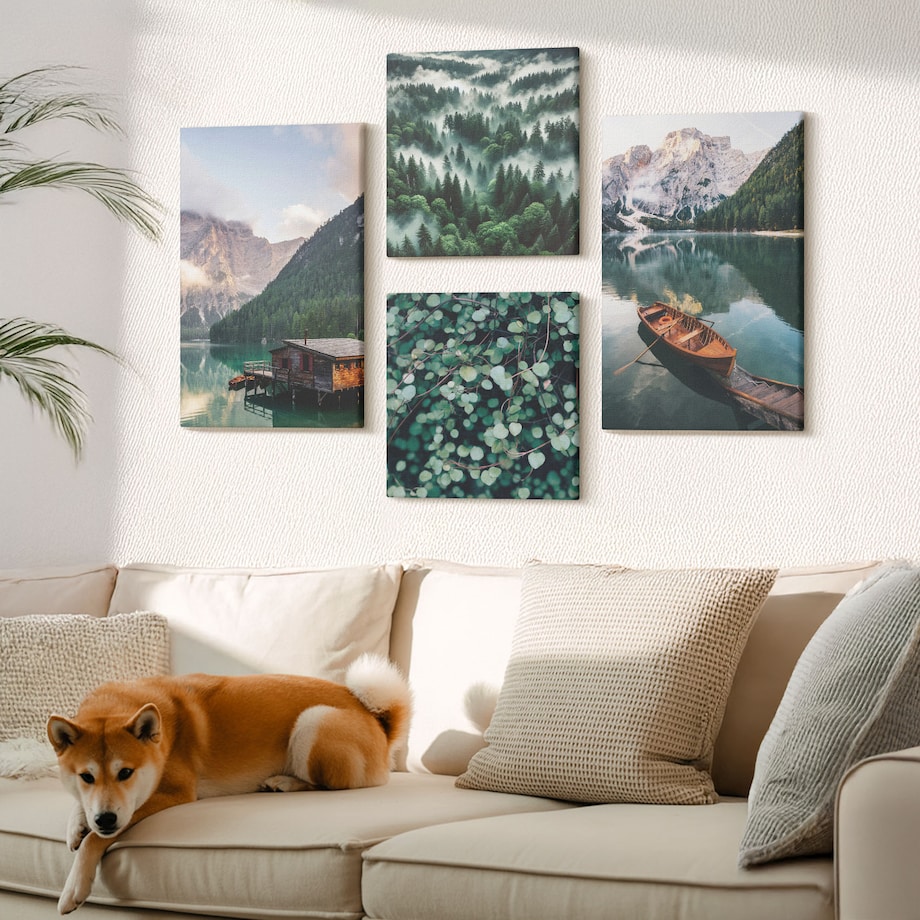 Zestaw 4 obrazów na płótnie - Górskie jezioro łódka mgła - zielony