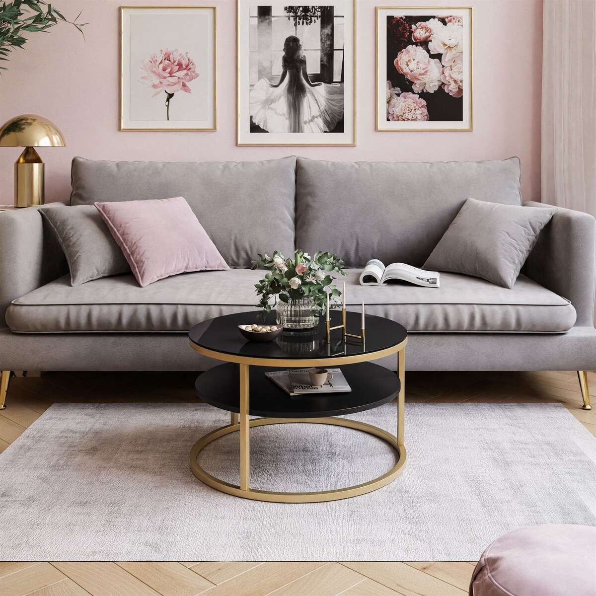 Stolik kawowy CIRI SLIM z półką złoty czarne szkło