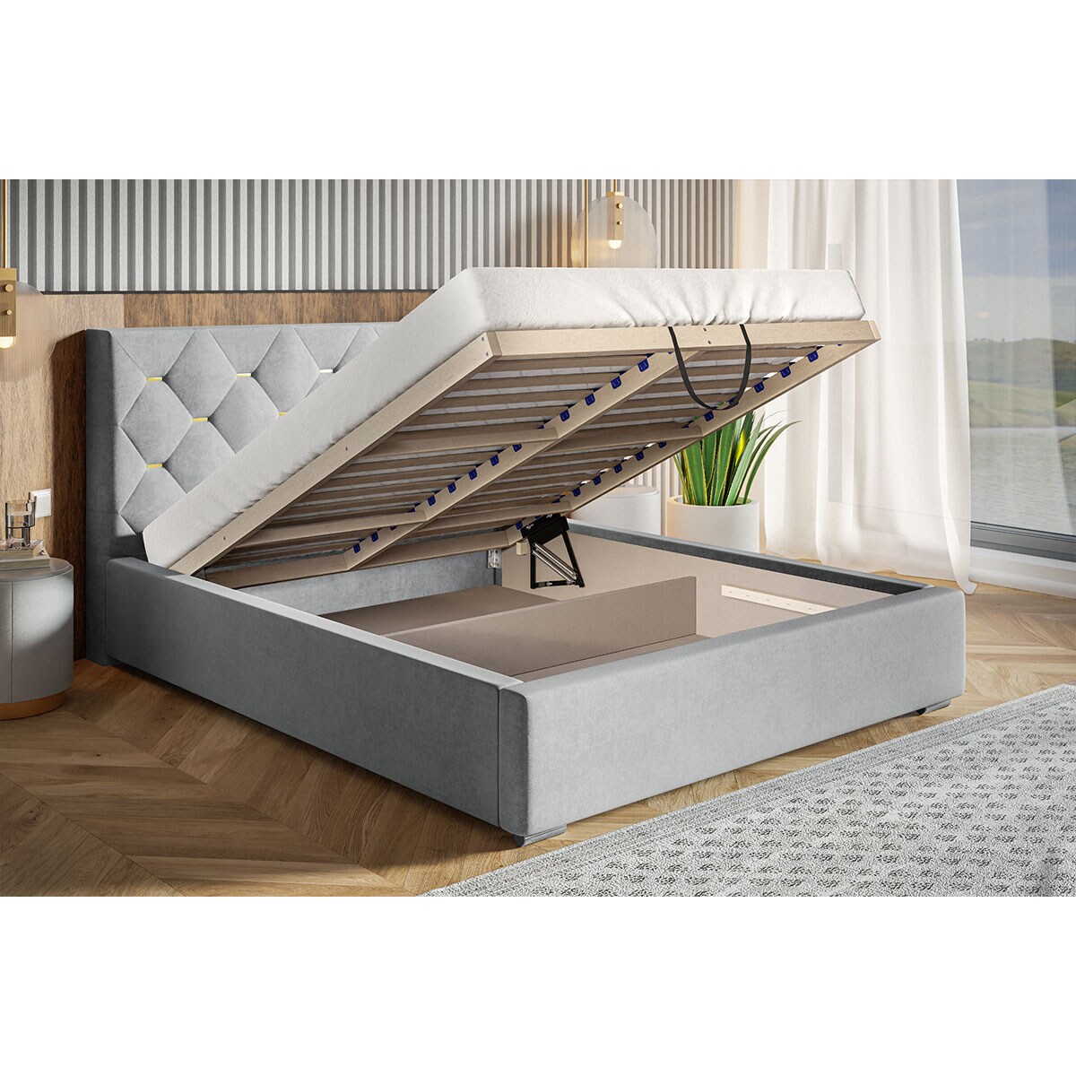 Łóżko sypialniane 180x200 BEN17 z pojemnikiem na pościel i stelażem- beżowe